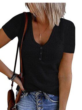 ATHMILE Classic Black Ribbed Shortsleeve Henley Tee - Women Size Small NWT
